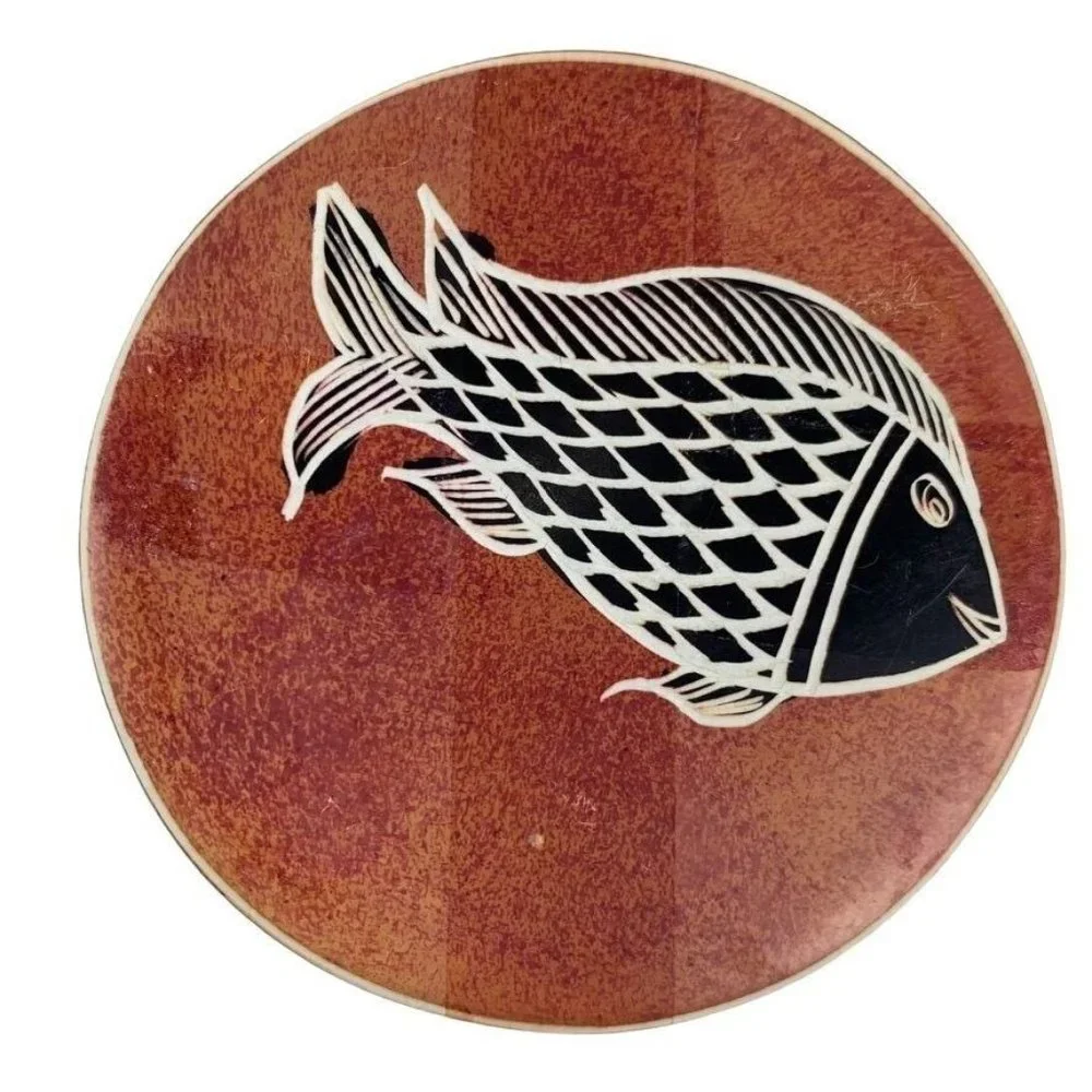 Set of 4 Handcarved Etched Soapstone Fish‎ Coasters Black White Red Orange 3